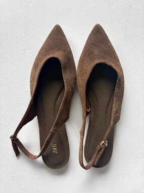Zara Brown Suede Slingback Flats Pointed Toe Size 40 Like New